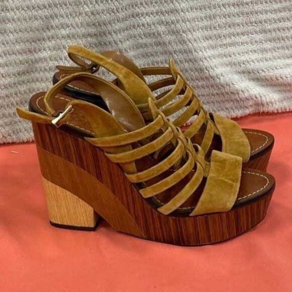 Vince Camuto Brown Strap Sandals With Wood Type Wedge Heels Size 9 - Picture 6 of 7